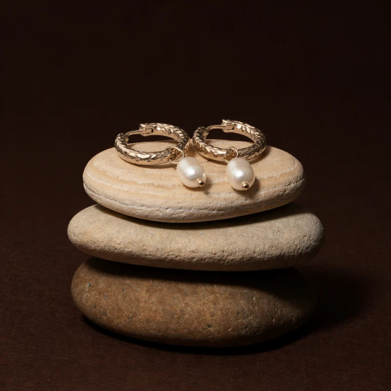 Hammered Pearl Hoop Earrings